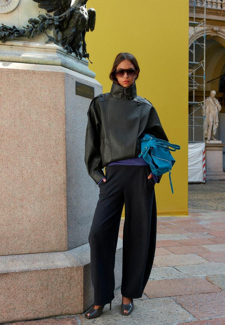 Stradivarius Geacă Biker Oversize Din Imitație De Piele Verde Închis L