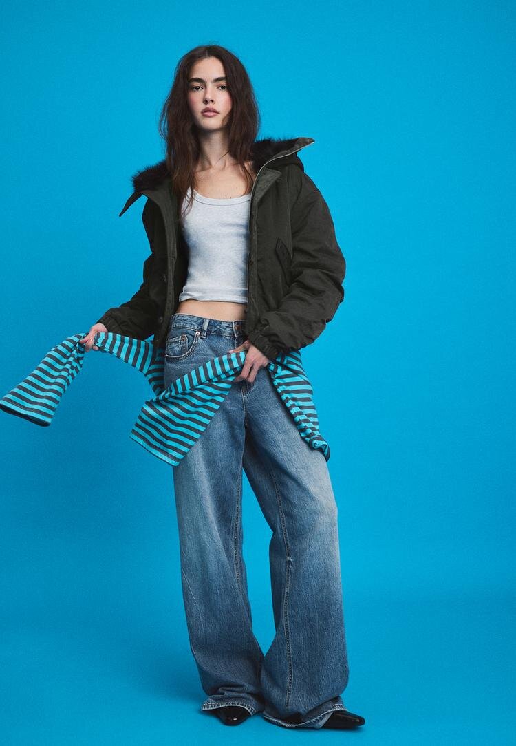 Stradivarius Geacă Bomber Cu Guler Din Imitație De Blană Kaki S