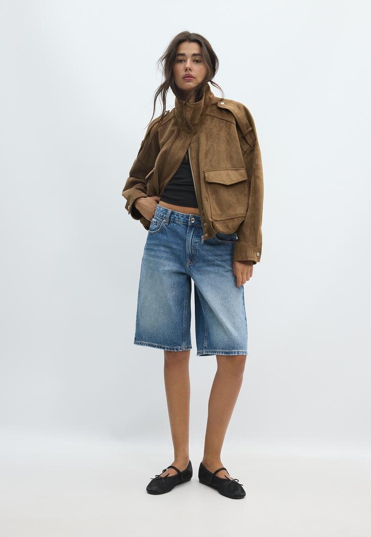 Stradivarius Geacă Oversize Cu Aspect De Imitație De Piele De Căprioară Piatră S