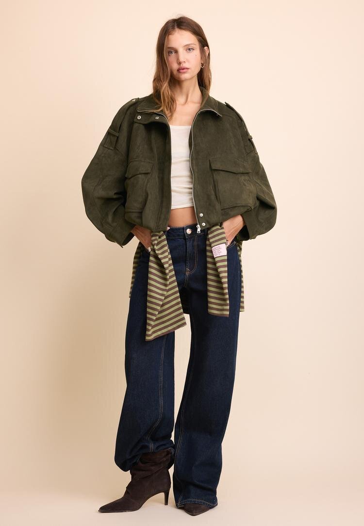 Stradivarius Geacă Oversize Din Imitație De Piele De Căprioară Kaki Xs