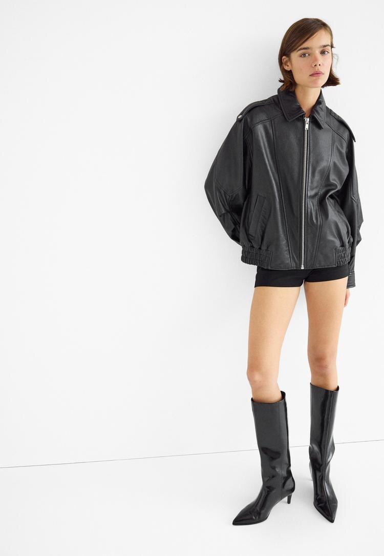 Stradivarius Geacă Oversize Din Piele Negru S