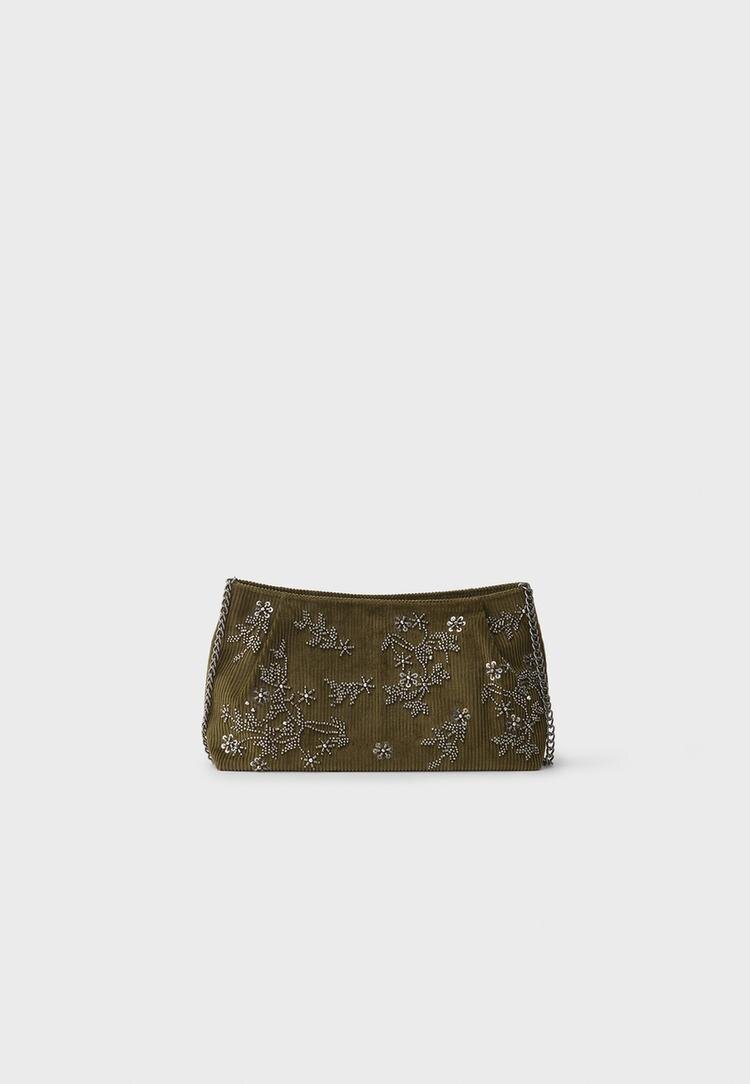 Stradivarius Geantă Clutch Brodată Kaki Os