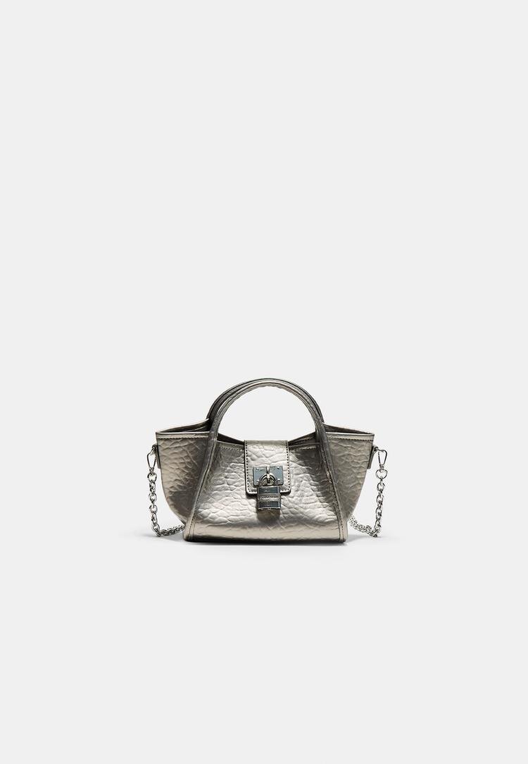Stradivarius Geantă Crossbody Mini Cu Detaliu Lacăt Gri Os