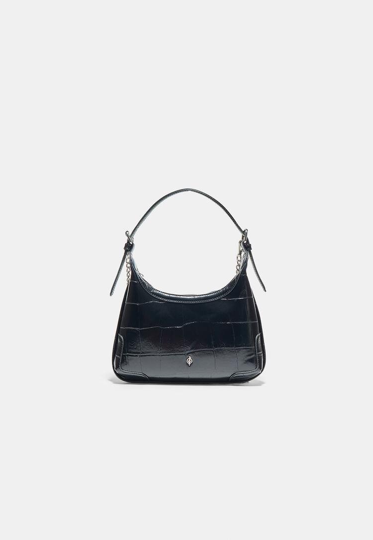 Stradivarius Geantă De Umăr Cu Aspect De Piele De Crocodil Și Lanț Negru Os