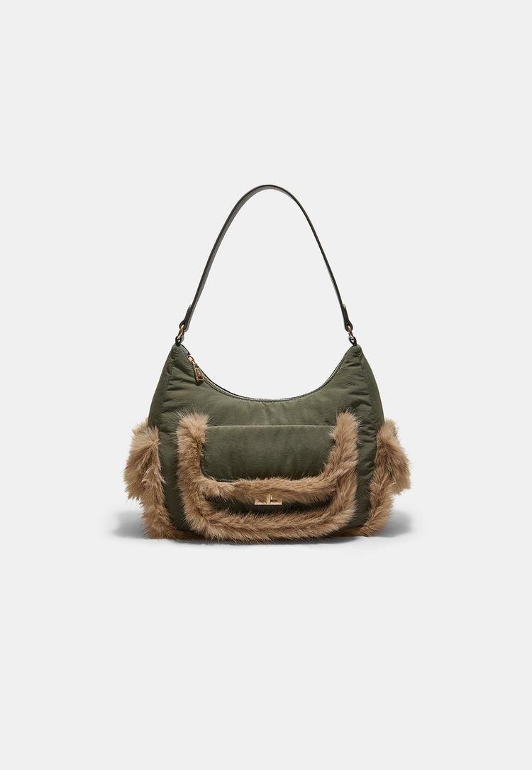 Stradivarius Geantă De Umăr Cu Buzunar Și Imitație De Blană Kaki Os