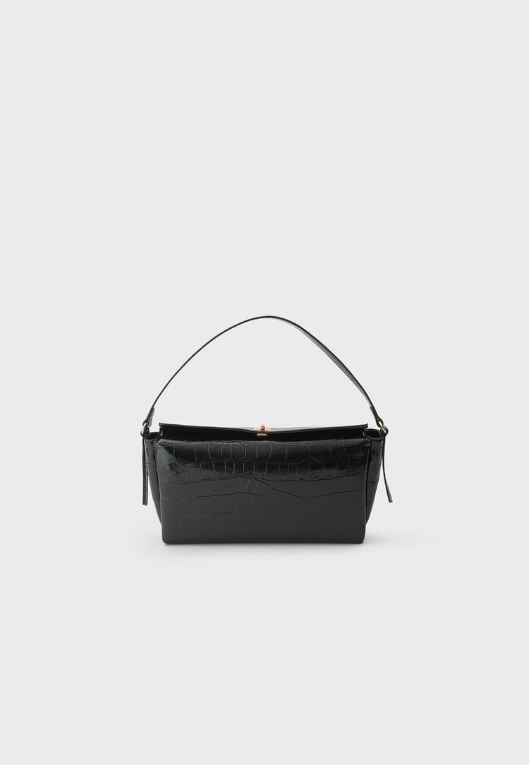 Stradivarius Geantă De Umăr Cu Presaj Piele De Crocodil Negru Os