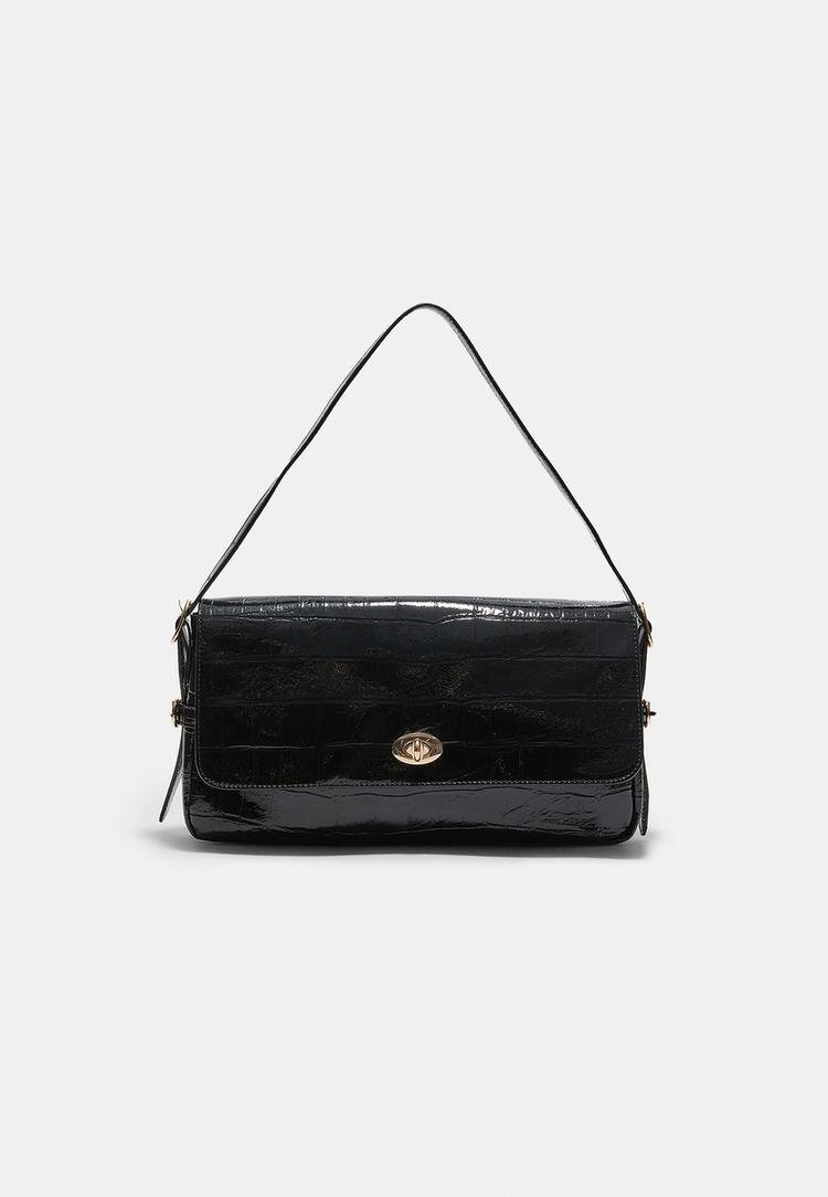 Stradivarius Geantă Maxi De Umăr Cu Presaj Piele De Crocodil Negru Os