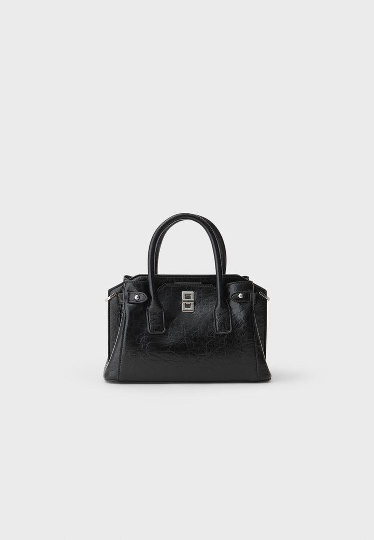 Stradivarius Geantă Tote Crossbody Cu Închidere Negru Os