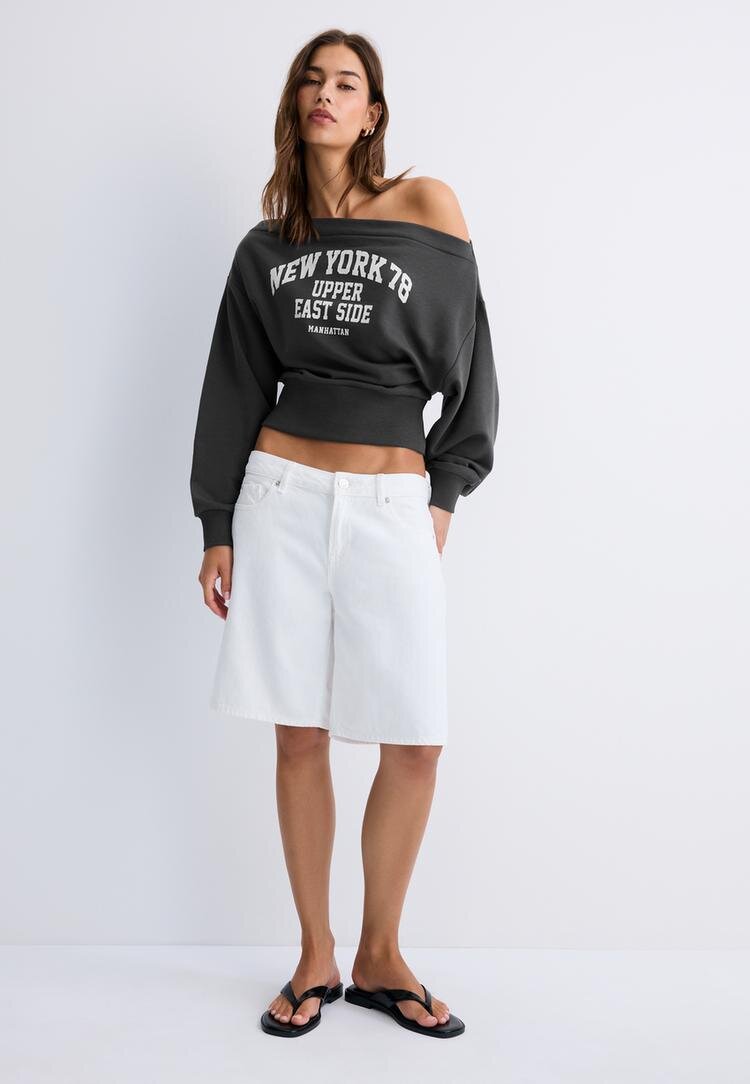 Stradivarius Hanorac Cropped Cu Decolteu Bărcuță Gri Închis M