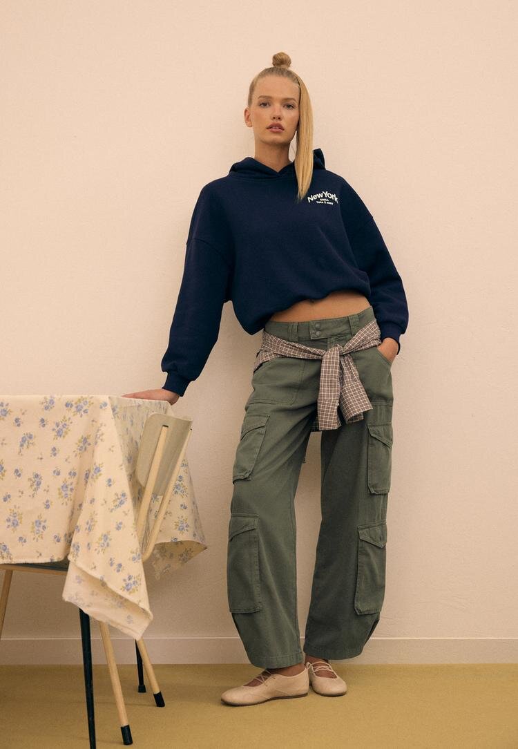 Stradivarius Hanorac Oversize Cu Grafică Bleumarin M