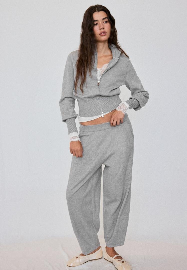 Stradivarius Jachetă Din Tricot Fitted Cu Fermoar Gris Amestec L