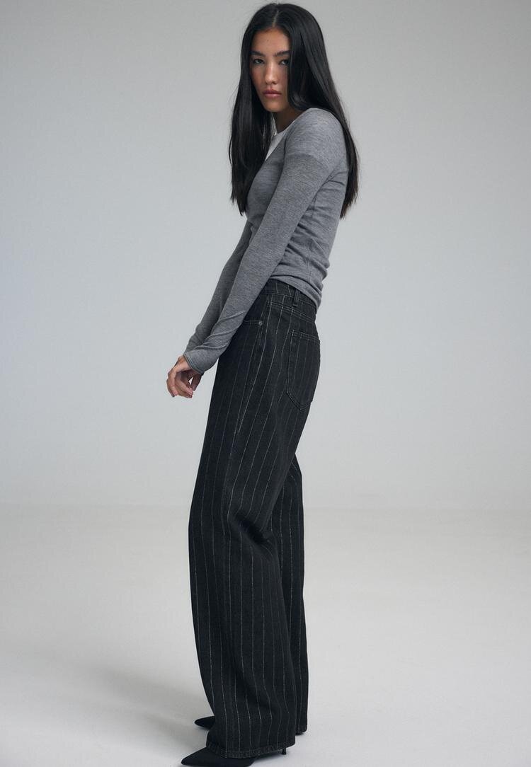 Stradivarius Jeans Straight Wide Cu Fir Metalic Negru Spălat 40