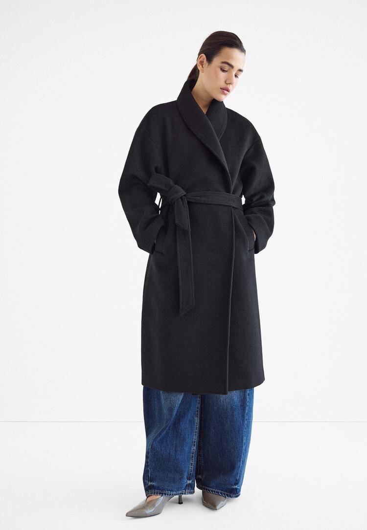Stradivarius Palton Lung Din Stofă Cu Cordon Negru Xl