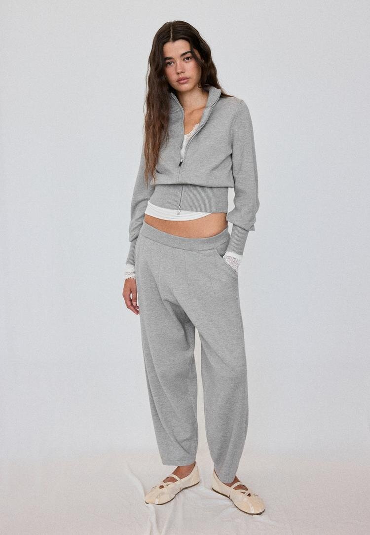 Stradivarius Pantaloni Barrel Din Tricot Gri Melanj M