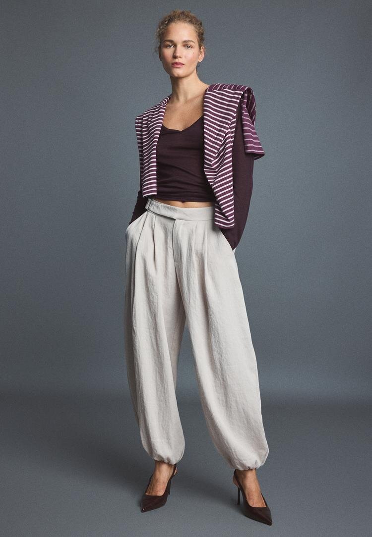 Stradivarius Pantaloni Bufant Cu Cataramă Ecru 38