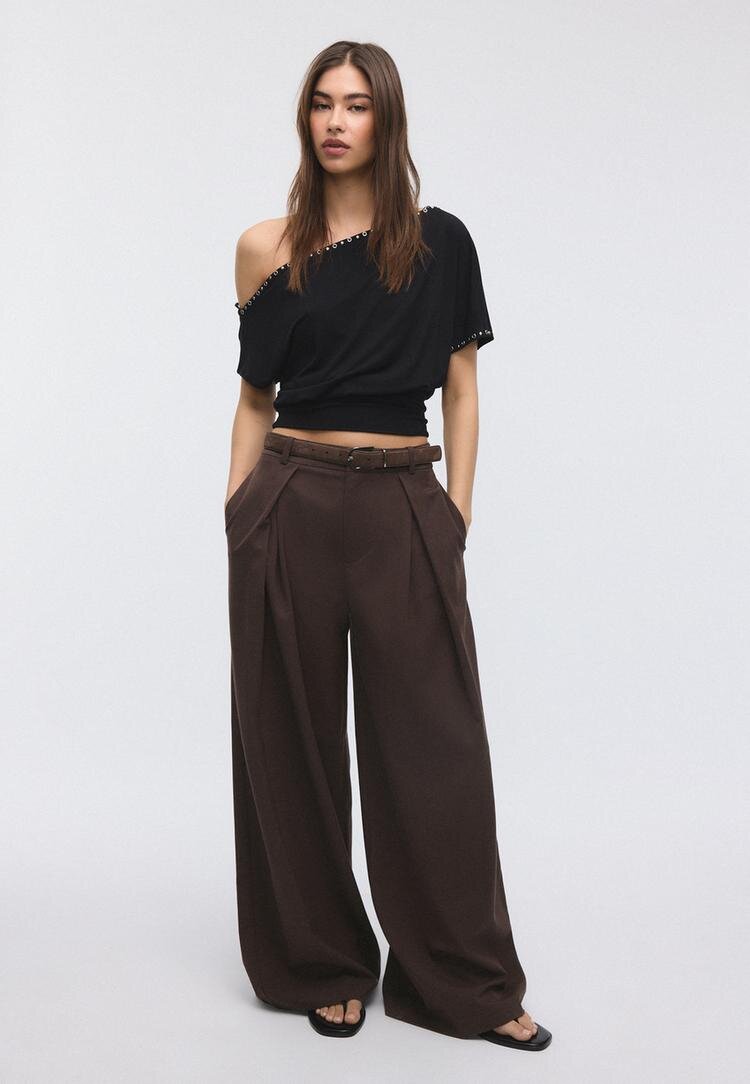 Stradivarius Pantaloni Cu Pense Maxi Și Curea Maro 42