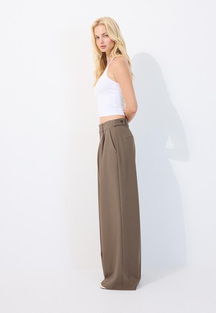 Stradivarius Pantaloni Eleganți Wide Nasturi Reglabili Maro 34