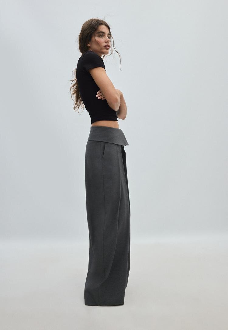 Stradivarius Pantaloni Largi Cu Betelie Întoarsă Gri Închis 42
