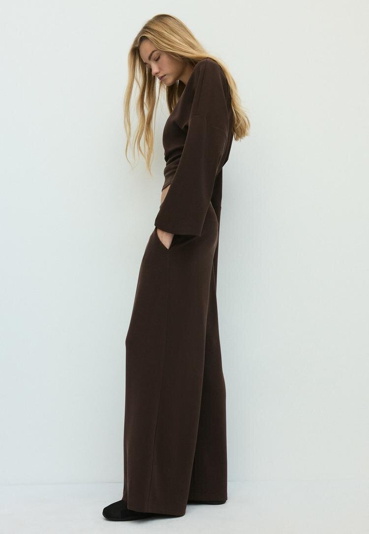 Stradivarius Pantaloni Largi Cu Pense Moale La Atingere Albastru Marin Xl
