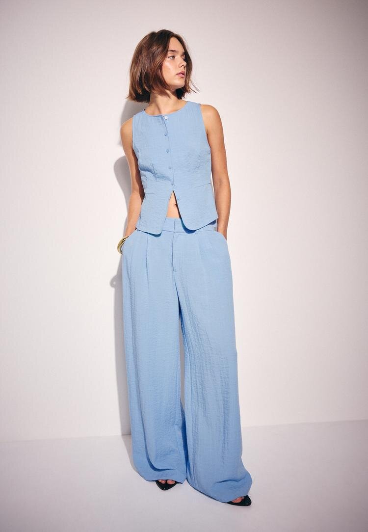 Stradivarius Pantaloni Wide Reglabili Cu Nasturi Aspect Rustic Albastru 36
