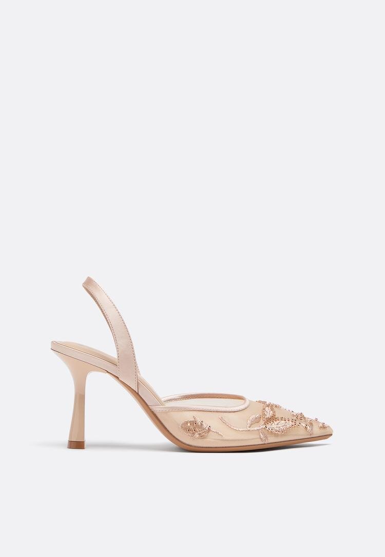 Stradivarius Pantofi Cu Toc Din Plasă Cu Pietricele Bej 36