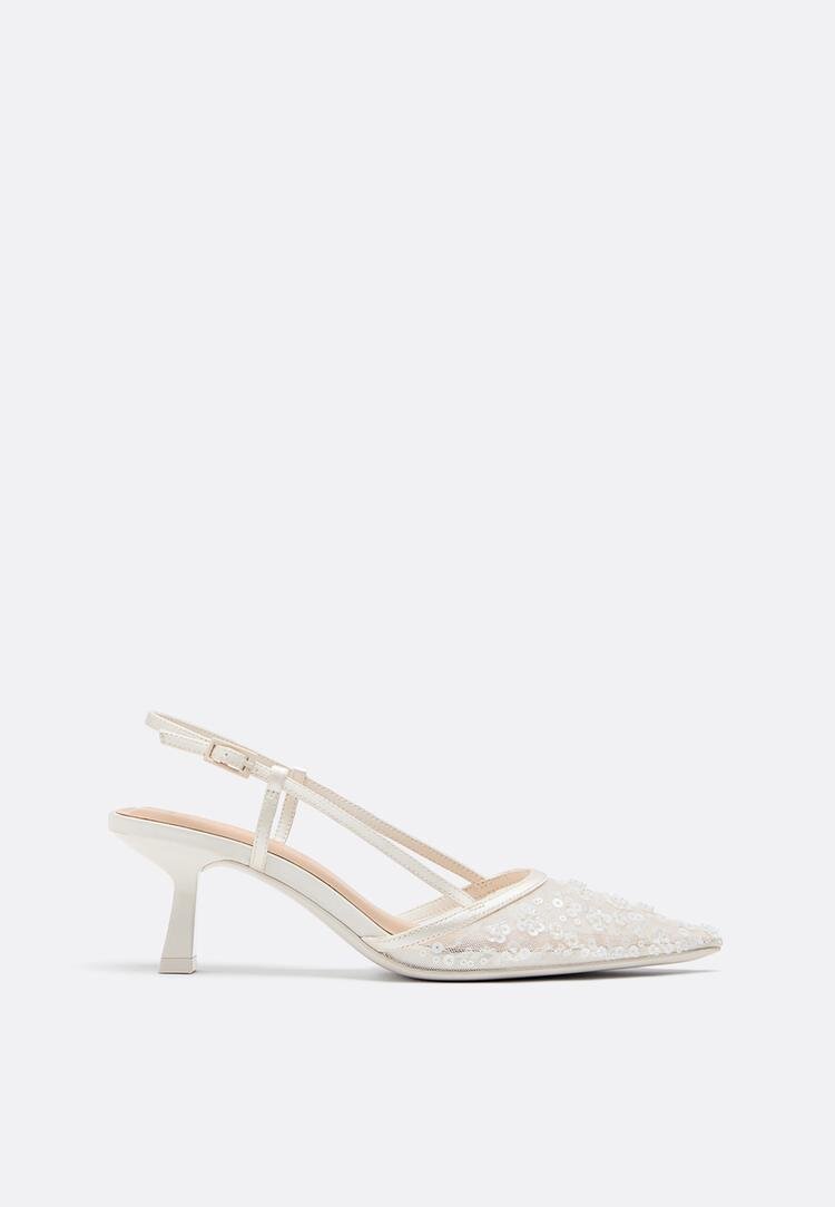 Stradivarius Pantofi Cu Toc Kitten Din Plasă Cu Pietricele Bej 41