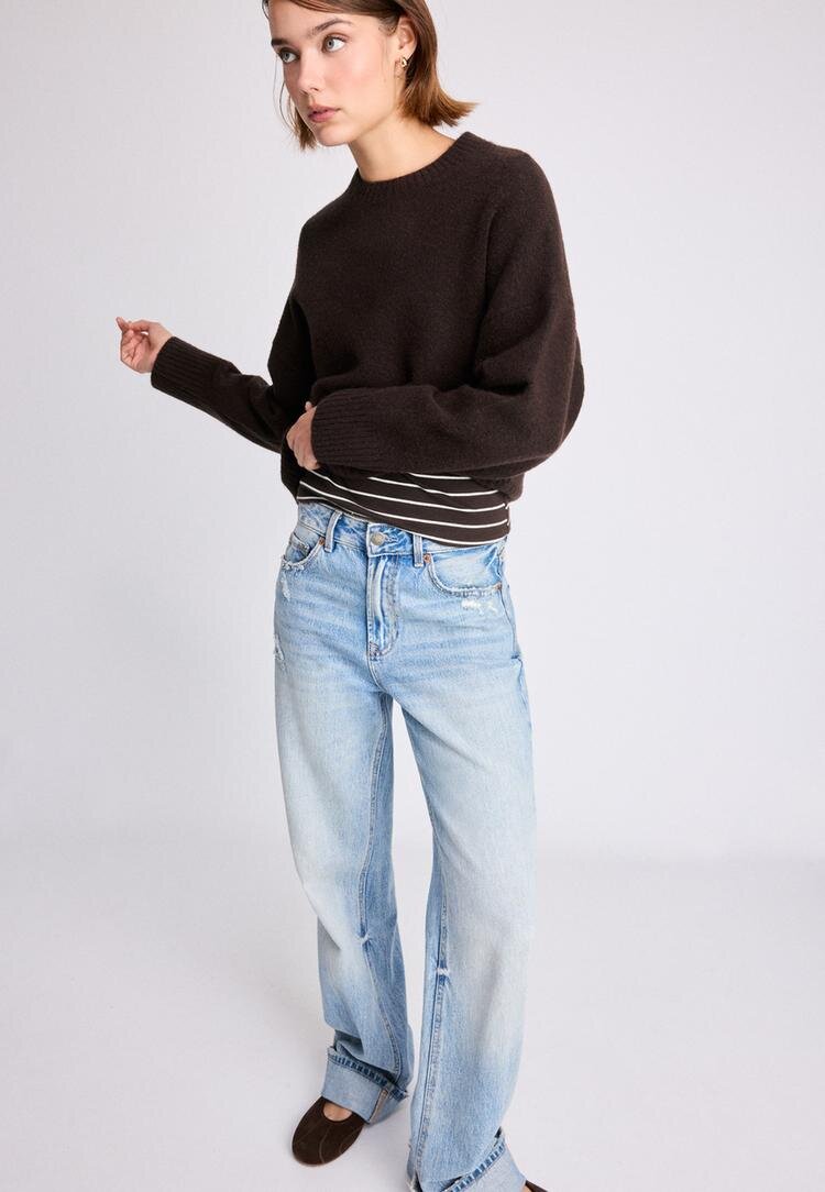 Stradivarius Pulover Basic Din Tricot Fin La Atingere Maro L
