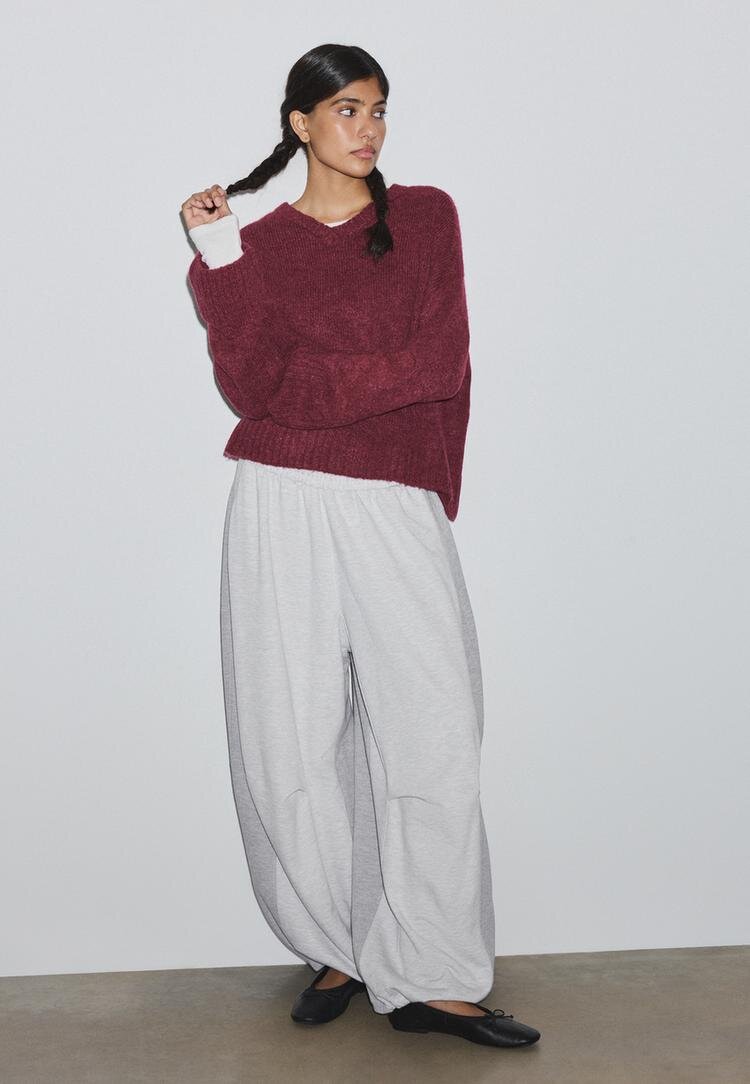 Stradivarius Pulover Din Tricot Cu Decolteu În V Roșu Închis Xl