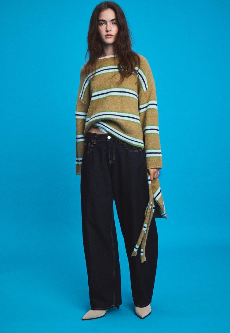 Stradivarius Pulover Din Tricot Cu Eșarfă Verde Măslină S