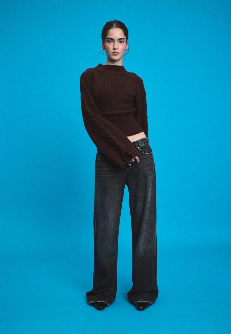 Stradivarius Pulover Din Tricot Cu Fundă La Mâneci Albastru L