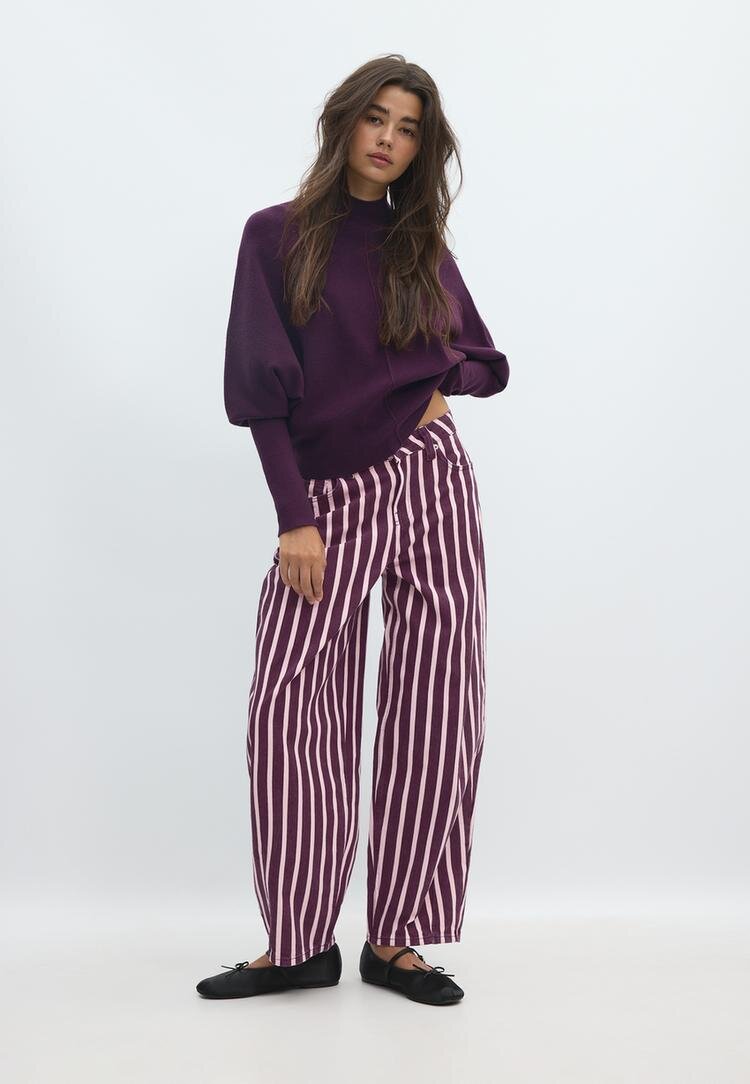 Stradivarius Pulover Din Tricot Cu Mânecă Liliac Și Guler Perkins Purpuriu Închis Xl