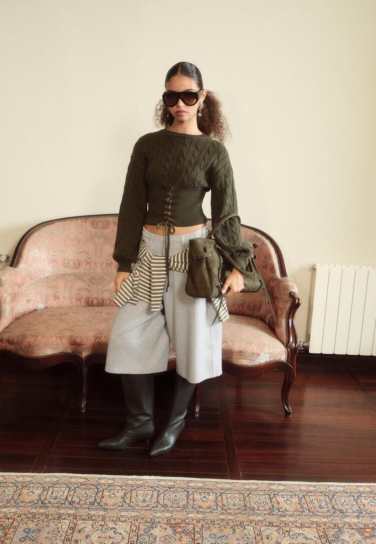 Stradivarius Pulover Din Tricot Cu Torsade Și Fundă Kaki L