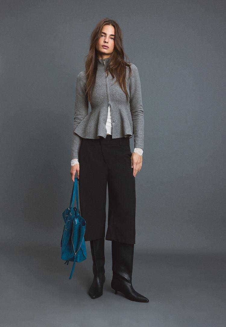 Stradivarius Pulover Din Tricot Peplum Gri Închis Xs