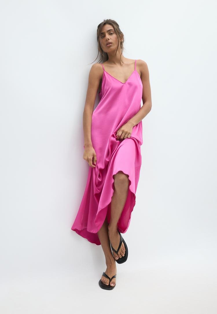 Stradivarius Rochie Lungă Fluidă Cu Efect Satinat Roz S