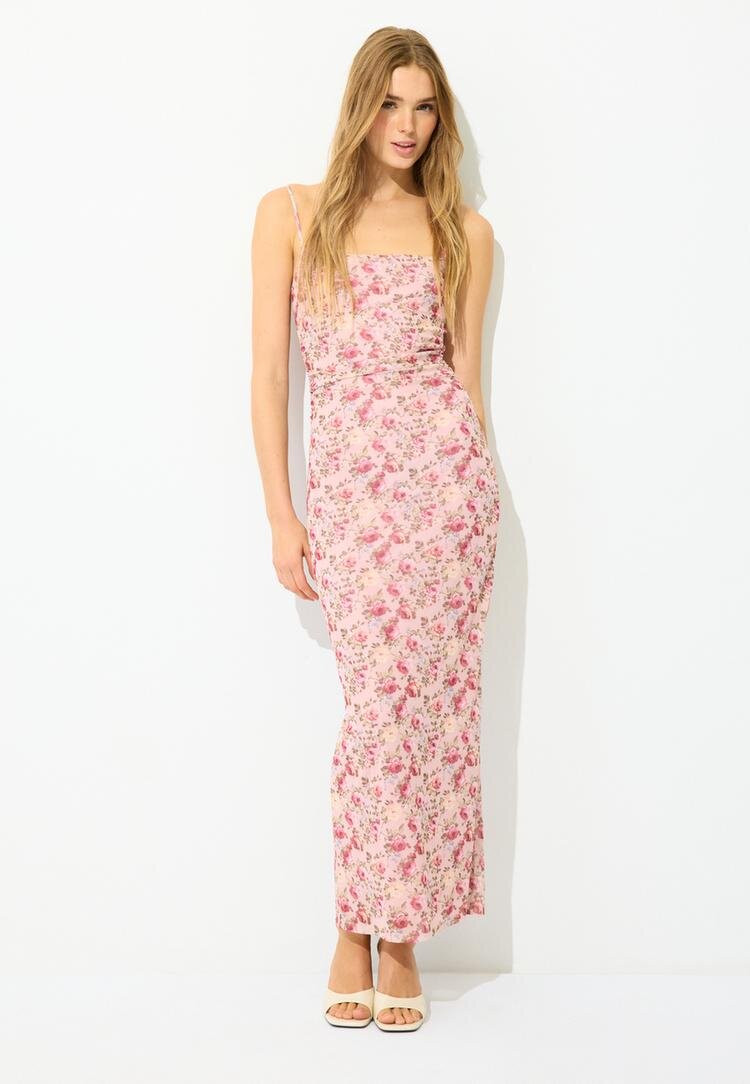 Stradivarius Rochie Midi Cu Bretele Fronseu Și Imprimeu Roz Pastel L