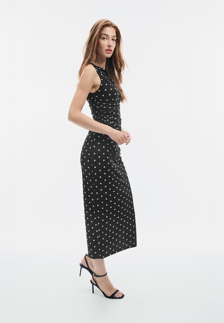 Stradivarius Rochie Midi Cu Imprimeu Buline Negru Xl