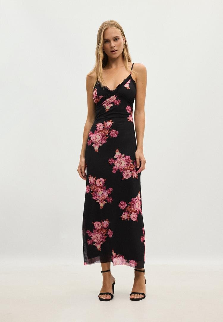 Stradivarius Rochie Midi Cu Imprimeu Tul Și Dantelă Negru L