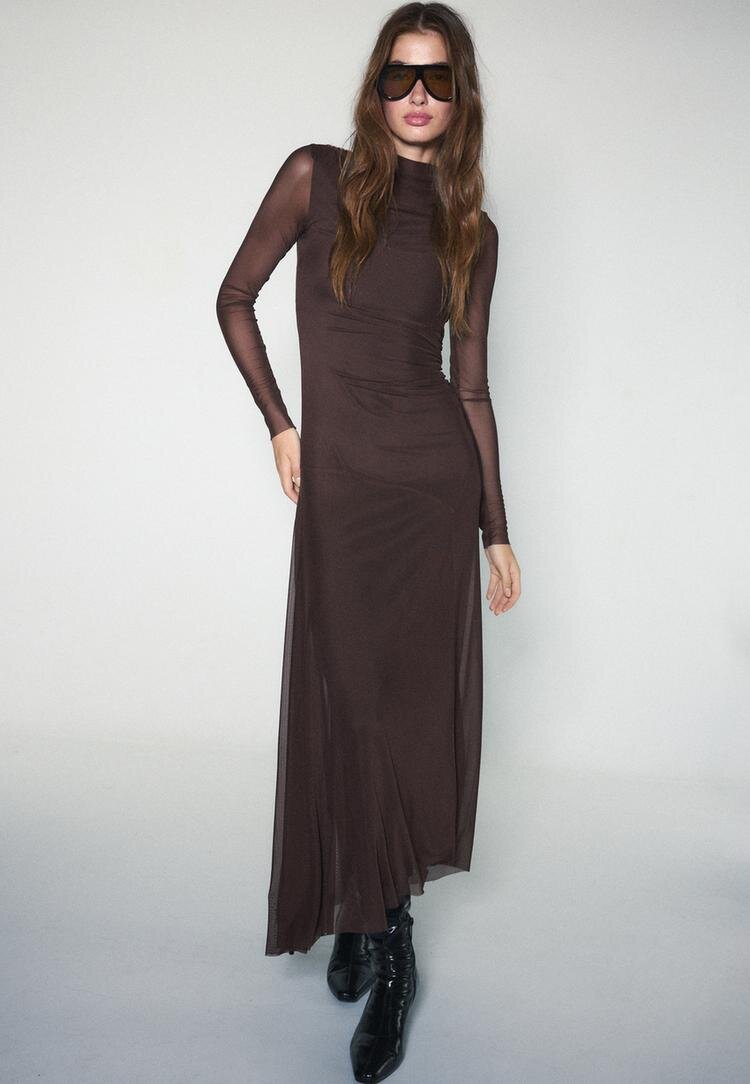 Stradivarius Rochie Midi Din Tul Cu Mânecă Lungă Maro Xs