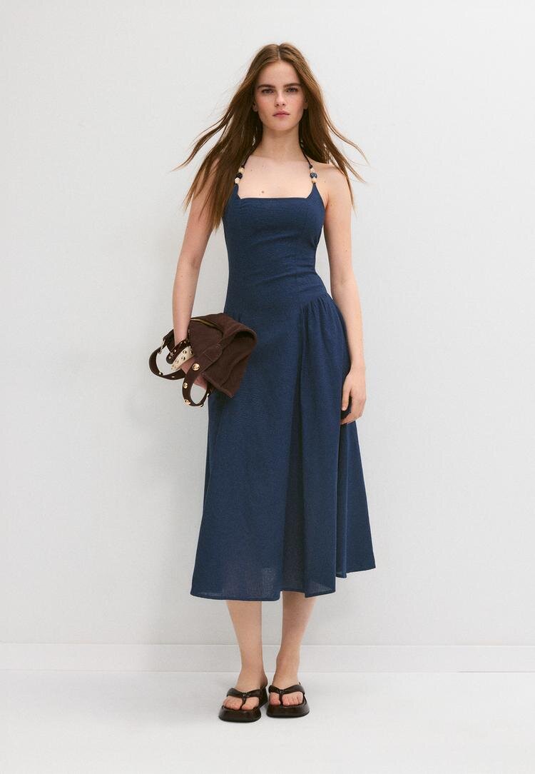 Stradivarius Rochie Midi Halter Cu Detaliu Cu Mărgele Bleumarin S