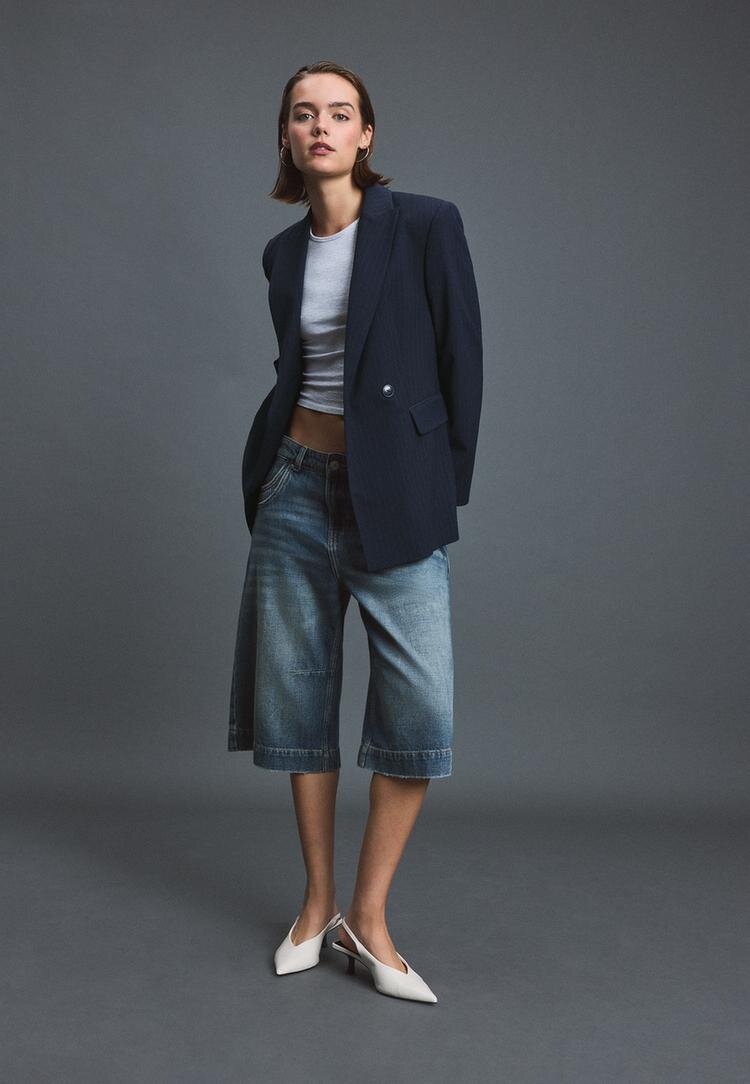 Stradivarius Sacou Cambrat Cu Dungi Bleumarin Xl