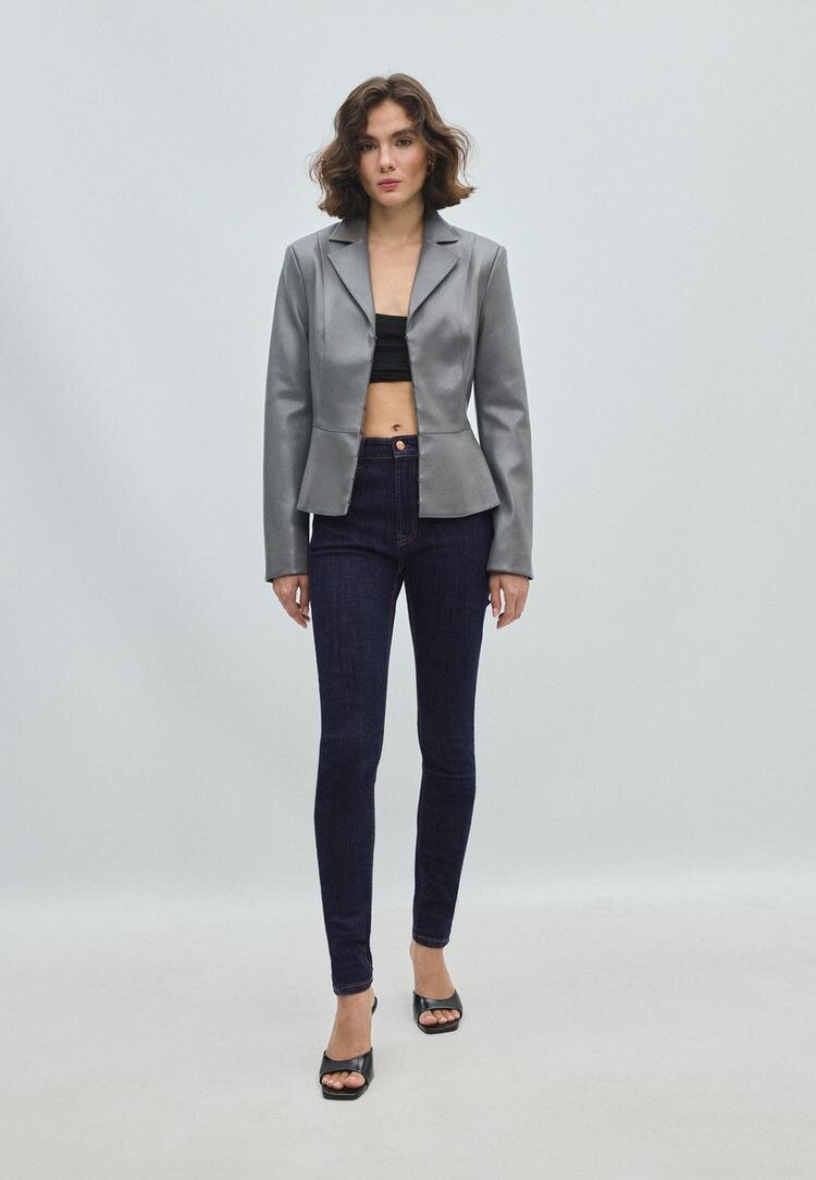 Stradivarius Sacou Cambrat Cu Imitație De Piele Și Peplum Gri Închis Xl