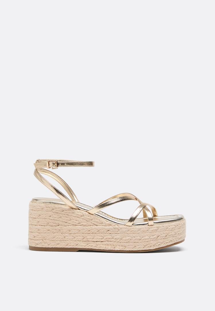 Stradivarius Sandale Cu Platformă Din Iută Și Barete Aur 38