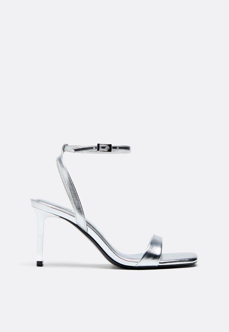 Stradivarius Sandale Cu Toc Cu Efect Metalic Arginitiu 39