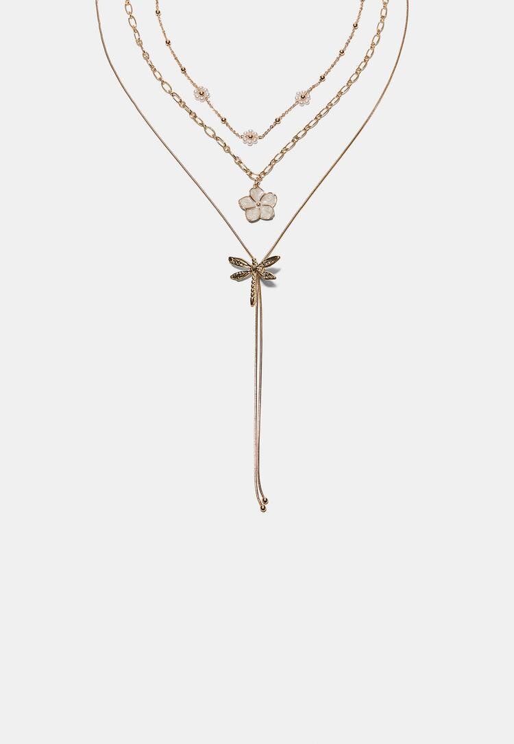 Stradivarius Set 3 Coliere Floare Și Libelulă Auriu Os