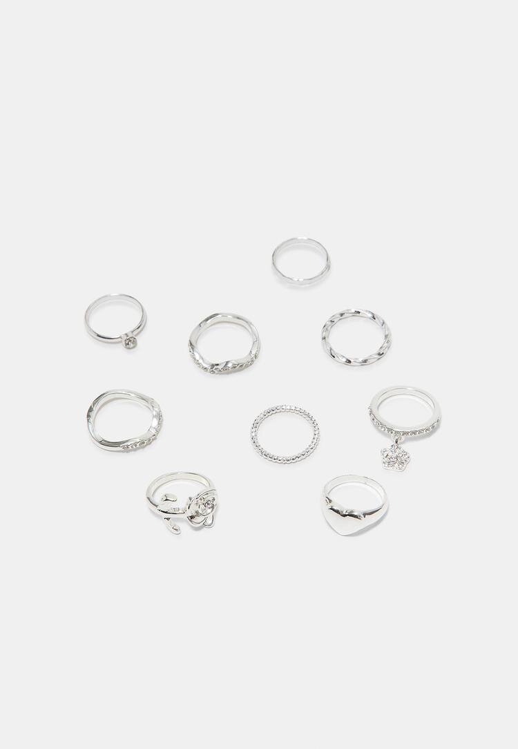 Stradivarius Set 9 Inele Cu Trandafir Și Strasuri Gri Os
