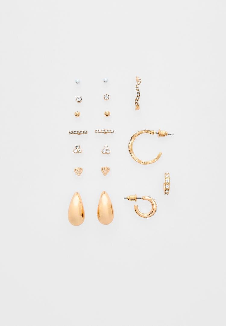 Stradivarius Set 9 Perechi Cercei Mini Picătură Auriu Os