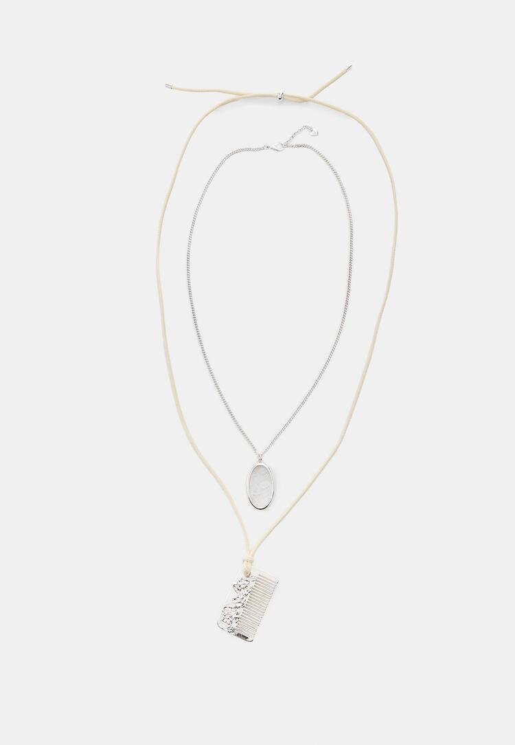 Stradivarius Set De 2 Coliere Duble Cu Pandantiv Pieptene Gri Os