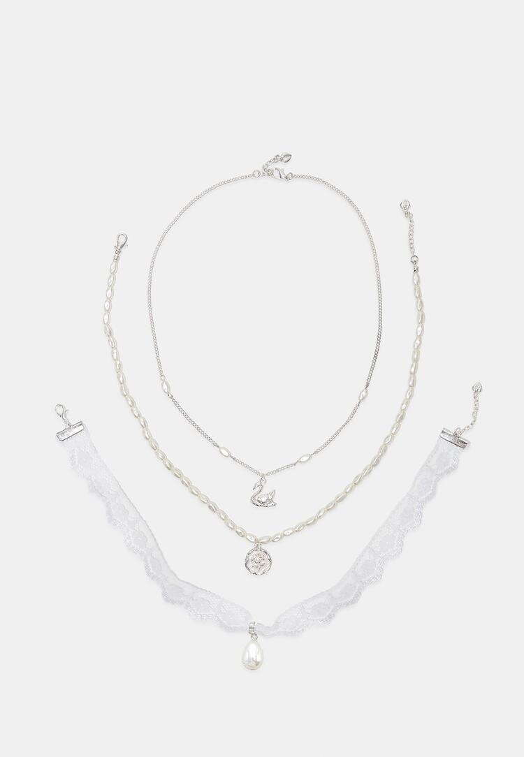 Stradivarius Set De 3 Coliere Cu Lebădă Gri Os
