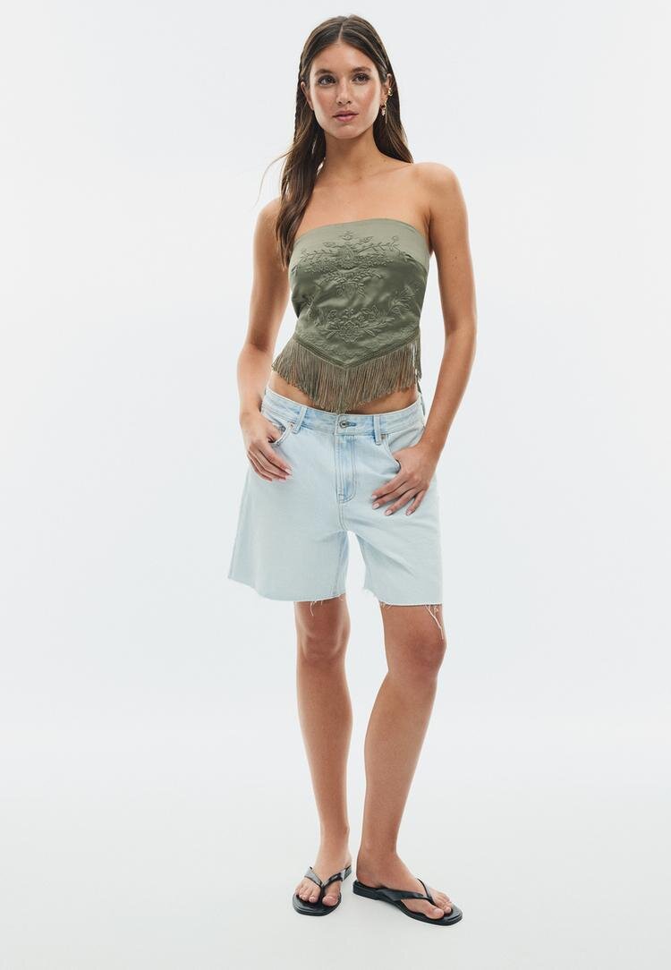 Stradivarius Top Bustieră Cu Broderie Și Franjuri Kaki M
