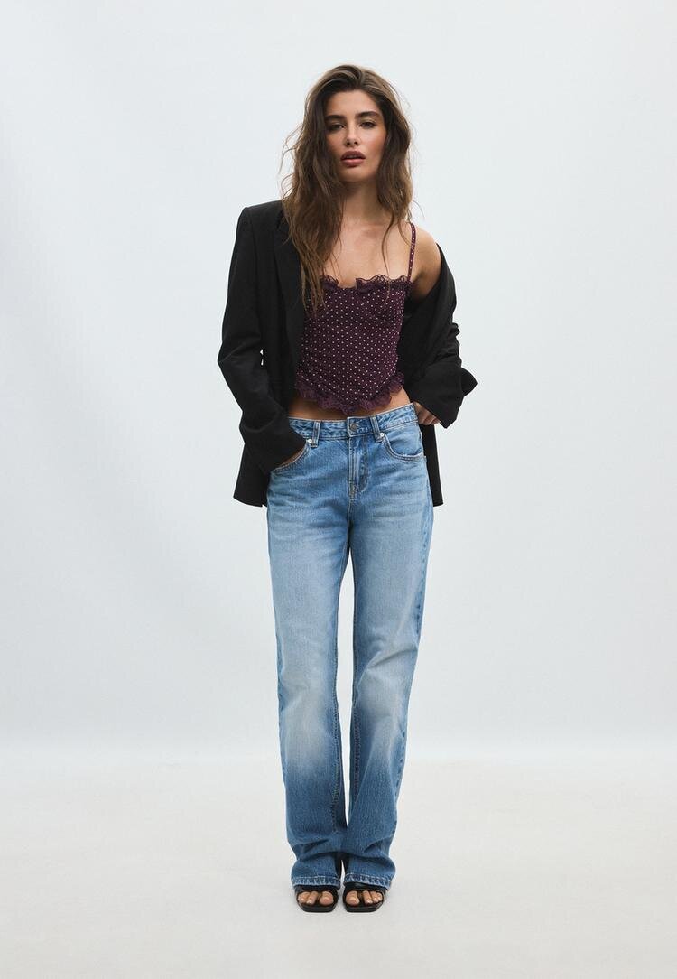 Stradivarius Top Cropped Cambrat Cu Imprimeu Floral Purpuriu M
